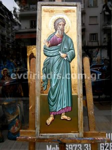 Άγιος Ανδρέας Χειροποίητη Ξυλόγλυπτη Αγιογραφία με Αληθινό Χρυσό 24Κ Στιλβωτό Και Κορνίζα Πατίνα