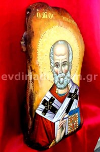 Άγιος Νικόλαος Χειροποίητη Αγιογραφία Σε Φυσικό Κούτσουρο