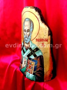 Άγιος Νικόλαος Χειροποίητη Αγιογραφία Σε Φυσικό Κούτσουρο