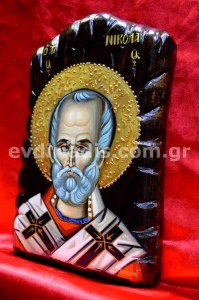 Άγιος Νικόλαος Χειροποίητη Αγιογραφία Σε Φυσικό Ξύλο Με Παλαιωμένο Στύλ Πελεκητό