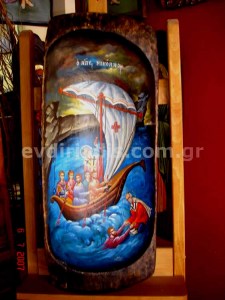 Άγιος Νικόλαος Χειροποίητη Ξυλόγλυπτη Αγιογραφία Σε Παλαιά Σκάφη