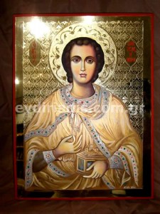 Άγιος Παντελεήμων Χειροποίητη Αγιογραφία με Αληθινό Χρυσό 24Κ Στιλβωτό