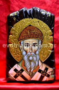 Άγιος Σπυρίδων Χειροποίητη Αγιογραφία  Σε Φυσικό Ξύλο Με Παλαιωμένο Στύλ Πελεκητό
