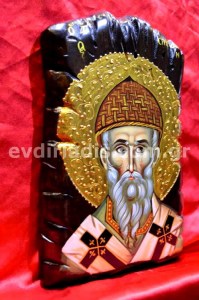 Άγιος Σπυρίδων Χειροποίητη Αγιογραφία Σε Φυσικό Ξύλο Με Παλαιωμένο Στύλ Πελεκητό