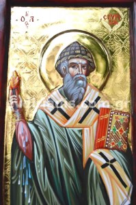 Άγιος Σπυρίδων Χειροποίητη Ξυλόγλυπτη Αγιογραφία με Αληθινό Χρυσό 24Κ Στιλβωτό Και Κορνίζα Πατίνα