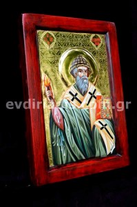 Άγιος Σπυρίδων Χειροποίητη Ξυλόγλυπτη Αγιογραφία με Αληθινό Χρυσό 24Κ Στιλβωτό Και Κορνίζα Πατίνα