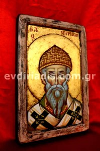Άγιος Σπυρίδων Χειροποίητη Ξυλόγλυπτη Αγιογραφία Με Κορνίζα Πατίνα