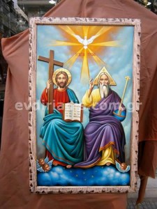  Η Αγία Τριας Χειροποίητη Ξυλόγλυπτη Αγιογραφία Με Πατίνα Κορνίζα