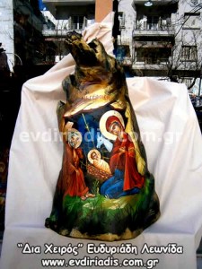 Η Γέννησις Χειροποίητη Αγιογραφία Σε Φυσικό Κούτσουρο