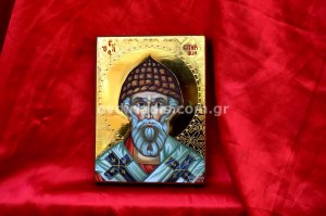 Ιησούς Χριστός Άγιος Νικόλαος Άγιος Σπυρίδων Χειροποίητη Αγιογραφία με Αληθινό Χρυσό 24Κ Στιλβωτό