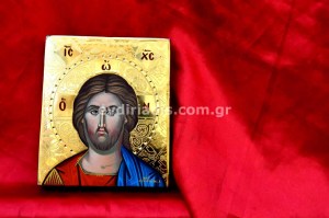 Ιησούς Χριστός Άγιος Νικόλαος Άγιος Σπυρίδων Χειροποίητη Αγιογραφία με Αληθινό Χρυσό 24Κ Στιλβωτό