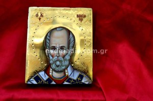 Ιησούς Χριστός Άγιος Νικόλαος Άγιος Σπυρίδων Χειροποίητη Αγιογραφία με Αληθινό Χρυσό 24Κ Στιλβωτό