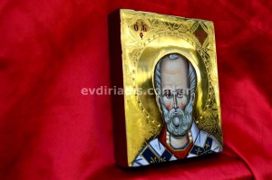 Ιησούς Χριστός Άγιος Νικόλαος Άγιος Σπυρίδων Χειροποίητη Αγιογραφία με Αληθινό Χρυσό 24Κ Στιλβωτό