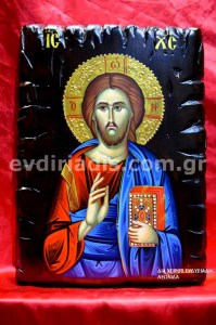 Ιησούς Χριστός Ο Ευλογών Χειροποίητη Αγιογραφία  Σε Φυσικό Ξύλο Με Παλαιωμένο Στύλ Πελεκητό