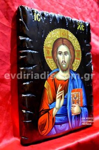 Ιησούς Χριστός Ο Ευλογών Χειροποίητη Αγιογραφία Σε Φυσικό Ξύλο Με Παλαιωμένο Στύλ Πελεκητό