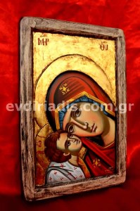 Παναγία Γλυκοφιλούσα Χειροποίητη Ξυλόγλυπτη Αγιογραφία Με Κορνίζα Πατίνα