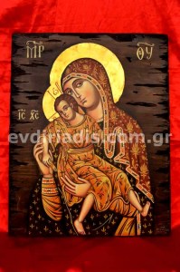 Παναγία Η Ελεούσα Του Κύκκου  Χειροποίητη Αγιογραφία  Σε Φυσικό Ξύλο Με Παλαιωμένο Στύλ Πελεκητό