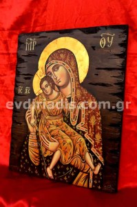 Παναγία Η Ελεούσα Του Κύκκου Χειροποίητη Αγιογραφία Σε Φυσικό Ξύλο Με Παλαιωμένο Στύλ Πελεκητό