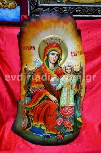 Παναγία Το Ρόδον Το Αμάραντο Χειροποίητη Ξυλόγλυπτη Αγιογραφία Σε Φυσικό Κορμό Δέντρου 