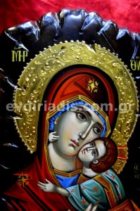 Παναγία Του Βλαντιμίρ Χειροποίητη Αγιογραφία  Σε Φυσικό Ξύλο Με Παλαιωμένο Στύλ Πελεκητό