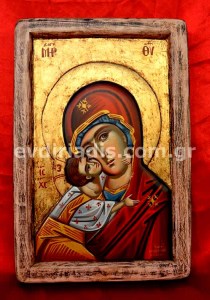 Παναγία Του Βλαντιμίρ Χειροποίητη Ξυλόγλυπτη Αγιογραφία Με Κορνίζα Πατίνα