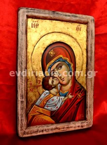 Παναγία Του Βλαντιμίρ Χειροποίητη Ξυλόγλυπτη Αγιογραφία Με Κορνίζα Πατίνα