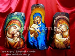 Παναγία Χειροποίητη Αγιογραφία Σε Φυσικό Κορμό Δέντρου Κούτσουρο