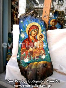 Παναγία Χειροποίητη Αγιογραφία Σε Φυσικό Κορμό Δέντρου Κούτσουρο