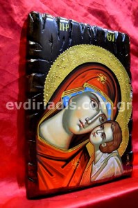 Παναγία Χειροποίητη Αγιογραφία  Σε Φυσικό Ξύλο Με Παλαιωμένο Στύλ Πελεκητό