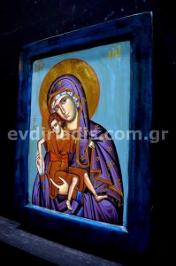 Παναγία Χειροποίητη Αγιογραφία Σε Φυσικό Ξύλο Με Κορνίζα Πατίνα