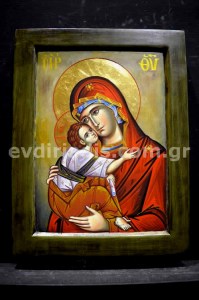 Παναγία Χειροποίητη Αγιογραφία Σε Φυσικό Ξύλο Με Κορνίζα Πατίνα