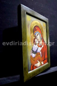 Παναγία Χειροποίητη Αγιογραφία Σε Φυσικό Ξύλο Με Κορνίζα Πατίνα
