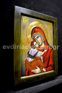 Παναγία Χειροποίητη Αγιογραφία Σε Φυσικό Ξύλο Με Κορνίζα Πατίνα