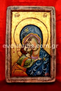 Παναγία Χειροποίητη Ξυλόγλυπτη Αγιογραφία Με Κορνίζα Πατίνα