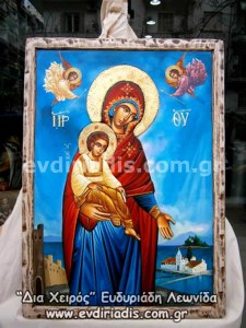 Παναγία Χειροποίητη Ξυλόγλυπτη Αγιογραφία Με Κορνίζα Πατίνα