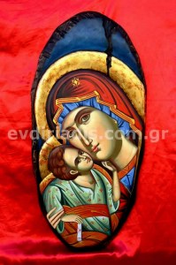 Παναγία Χειροποίητη Ξυλόγλυπτη Αγιογραφία Σε Οβάλ Ξύλο