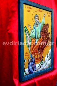 Προφήτης Ηλίας Χειροποίητη Αγιογραφία Σε Φυσικό Ξύλο Με Κορνίζα Πατίνα