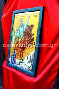 Προφήτης Ηλίας Χειροποίητη Αγιογραφία Σε Φυσικό Ξύλο Με Κορνίζα Πατίνα